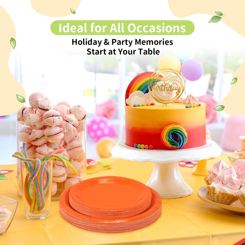 LANLISA 50 Orange Paper Plates Disposable Set Includes 25-9" & 25-7" Disposable Dessert Cake Paper Plates for Party Supplies - Image 2