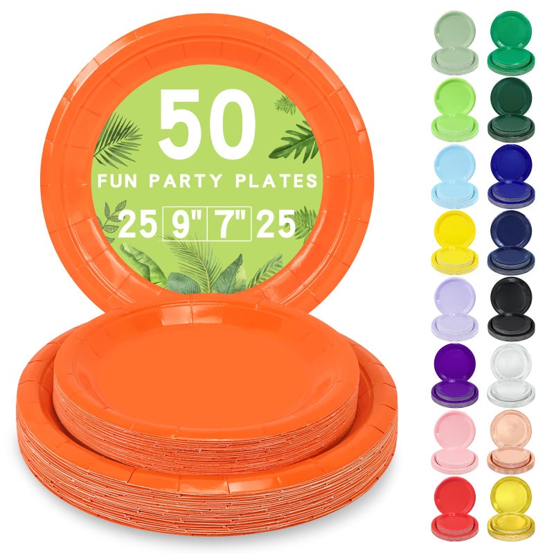 LANLISA 50 Orange Paper Plates Disposable Set Includes 25-9" & 25-7" Disposable Dessert Cake Paper Plates for Party Supplies - Image 1