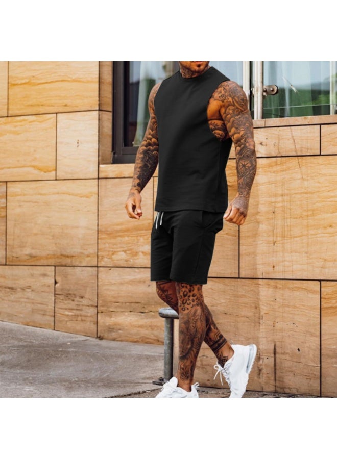 Sporty Casual Thin Five-Point Shorts Sleeveless Top Solid Color Shoulder Short Pants Two-Piece Set for Men Comfortable Breath - Image 1