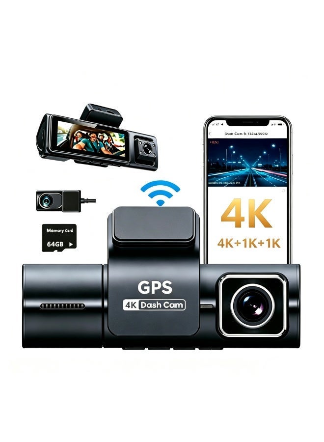 NEW SMART Dash Cam Ultra HD 4K+1K+1K 64G  3.0”Screen Built-in GPS WIFI G-SENSOR Car DVR 24H Parking Monitor Night Vision Rear Cam - Image 1