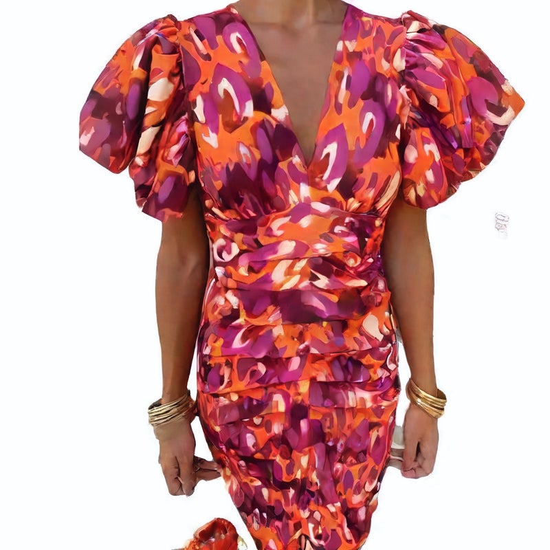 V Neck Bodycon Puff Sleeve Short Dress with Print - Image 3