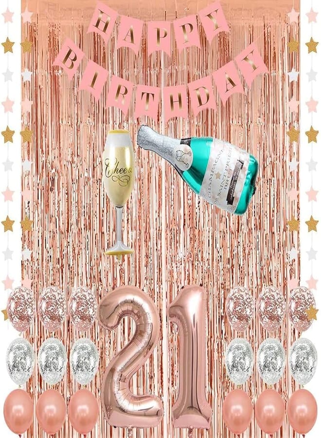 Secret Rose Gold 21 Birthday Party Decorations Supplies, Champagne Balloon, Pink Happy Birthday Banner, 21 Balloons,Rose Gold Foil Fringe Curtains,Confetti Balloons for Finally Legal 21 Birthday