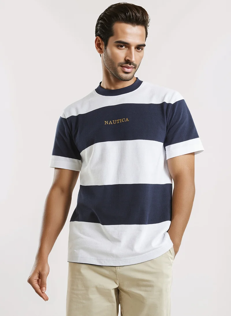 نوتيكا Contrast Striped Regular Fit Premium Cotton Crew Neck T-shirt