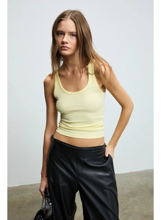 Ethiquet LILLESOL Women's Ribbed-Style Slim Fit Body-Hugging Collared Cotton Basic Yellow Blouse Tank Top.