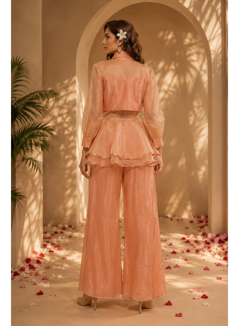 Lehar  Peach Embellished Organza Peplum Co-Ord Set with Satin Wide-Leg Trousers for Women | Best Price UAE