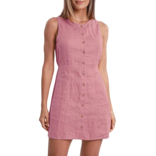 Amazhiyu Women's 100% Linen Sleeveless Button Down Mini Summer Tank Dresses Rose Pink, Medium - Image 1