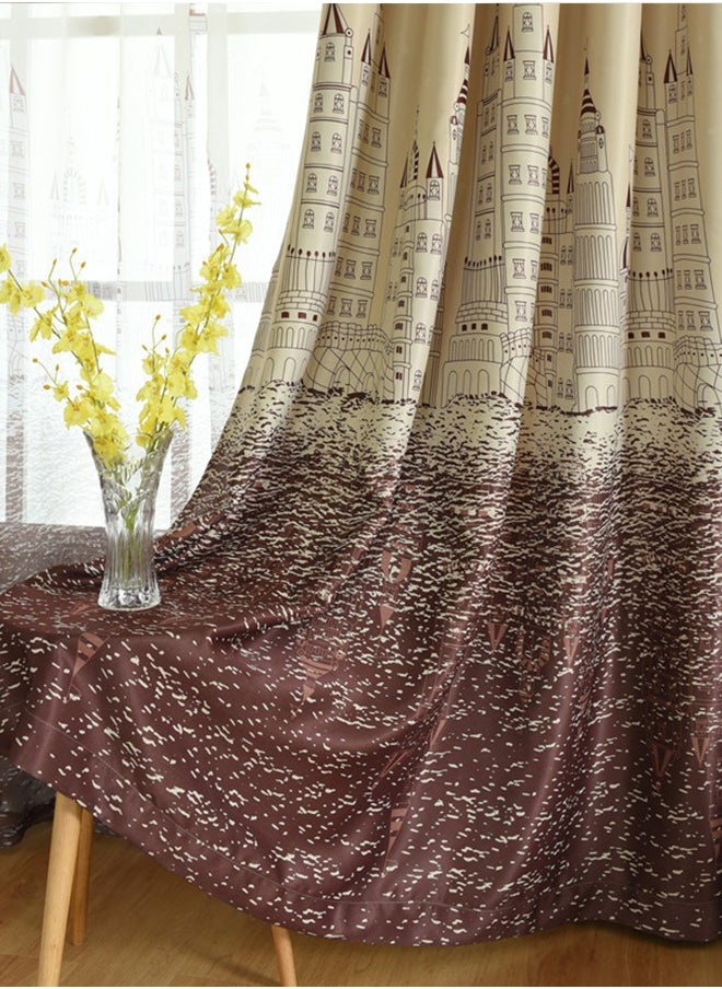 Arabest - Castle Theme in Starry Night Pattern Thermal Insulated Blackout Curtain for Bedroom Brown/Beige 100x250cm - Image 1