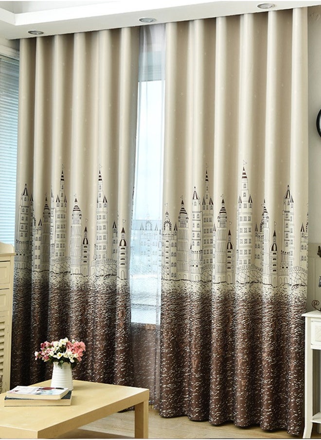 Arabest - Castle Theme in Starry Night Pattern Thermal Insulated Blackout Curtain for Bedroom Brown/Beige 100x250cm - Image 1