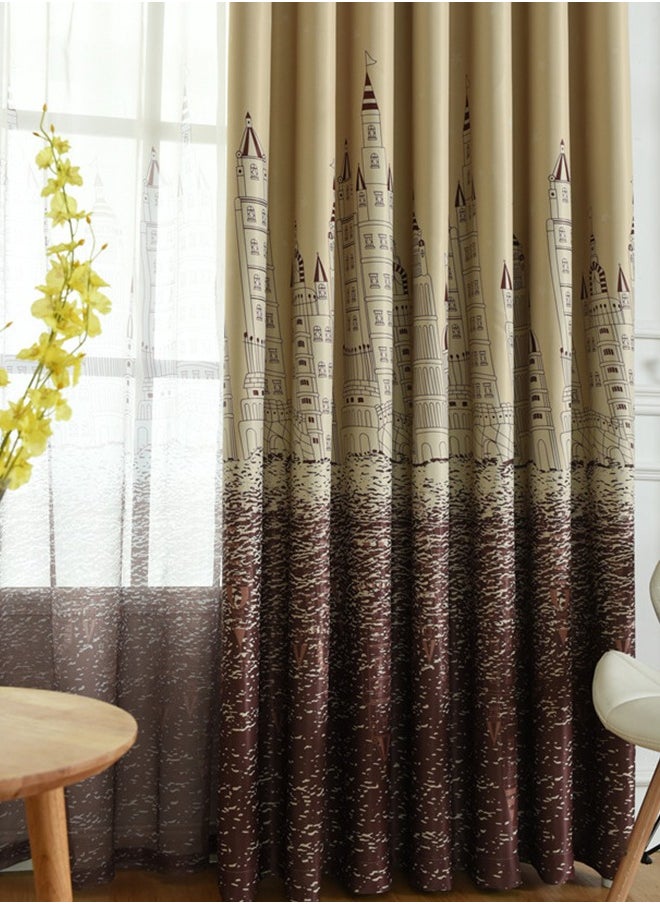 Arabest - Castle Theme in Starry Night Pattern Thermal Insulated Blackout Curtain for Bedroom Brown/Beige 100x250cm - Image 1