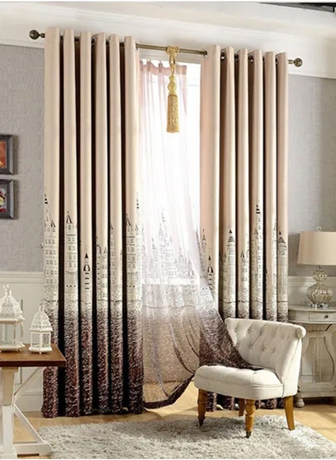Arabest - Castle Theme in Starry Night Pattern Thermal Insulated Blackout Curtain for Bedroom Brown/Beige 100x250cm - Image 1