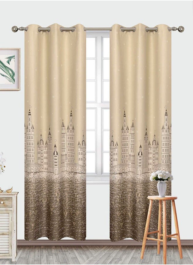Arabest - Castle Theme in Starry Night Pattern Thermal Insulated Blackout Curtain for Bedroom Brown/Beige 100x250cm - Image 1