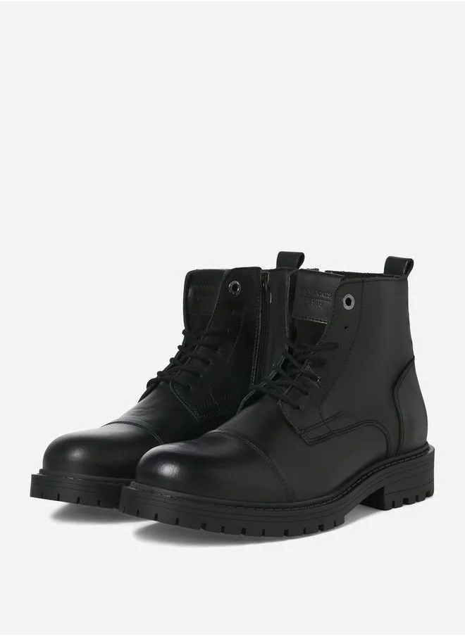 JACK & JONES Solid Lace and Zip Detail Leather Boots