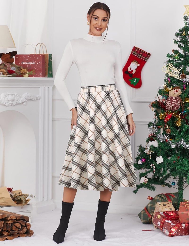 IDEALSANXUN Women’s Plaid Skirt Elastic Waist A-line Midi Pleated Skirts (X-Small, Beige D39) - Image 4