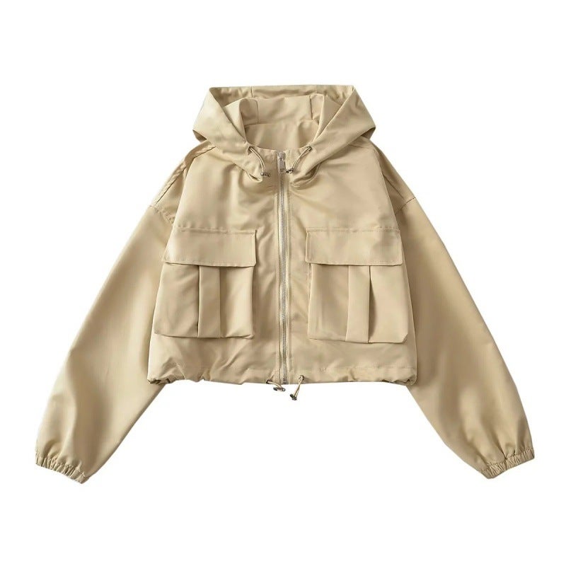 2023 early autumn design niche lightweight double Pocket Workwear slimming hem drawstring sun protection jacket hooded jacket Khaki 