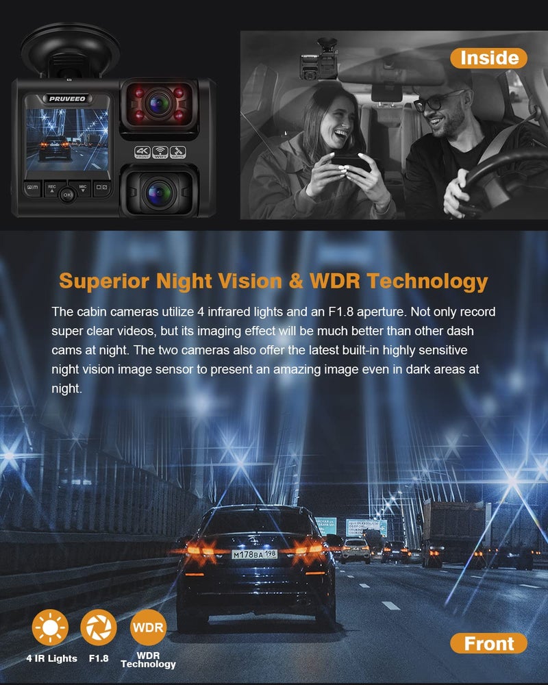 PRUVEEO Dash Cam, Front and Inside 1080P Dual FHD Dash Camera for Cars, Novatek Processor, Single-Channel 2160P, Infrared Night Vision, Built-in WiFi, 24H Parking Monitor Mode, 2 Inch LCD, 512 Gb Max - Image 3