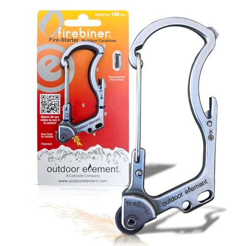 OUTDOOR ELEMENT فايبرينر 6 في 1 أداة بدء النار كاربينر EDC أداة متعددة الاستخدامات للطوارئ - سلسلة مفاتيح، شفرة متعددة الاستخدامات، فتاحة زجاجات، والمزيد - Image 1