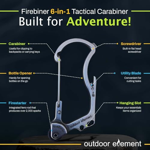 OUTDOOR ELEMENT فايبرينر 6 في 1 أداة بدء النار كاربينر EDC أداة متعددة الاستخدامات للطوارئ - سلسلة مفاتيح، شفرة متعددة الاستخدامات، فتاحة زجاجات، والمزيد - Image 3