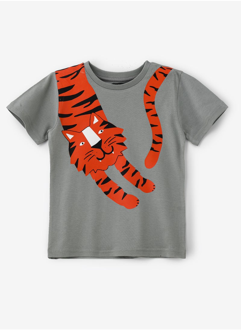 JAM Playful Tiger Graphic Cotton T-Shirt for Boys - Olive  - Image 1