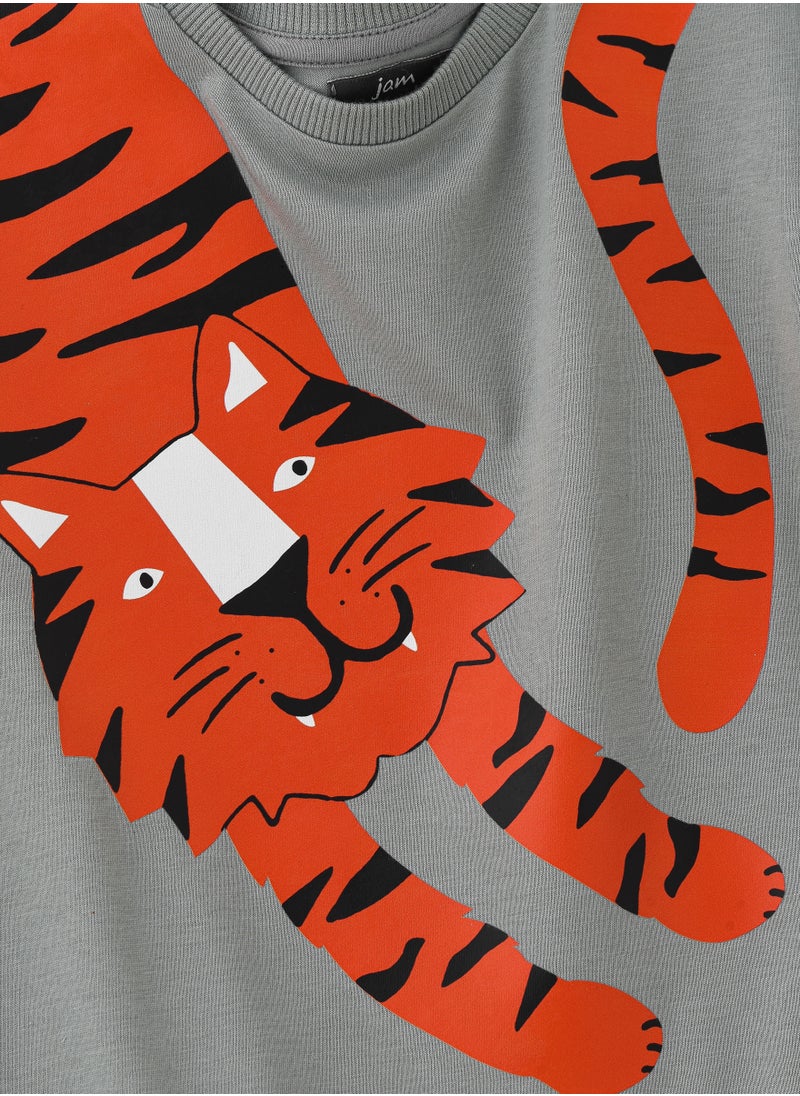 JAM Playful Tiger Graphic Cotton T-Shirt for Boys - Olive  - Image 3