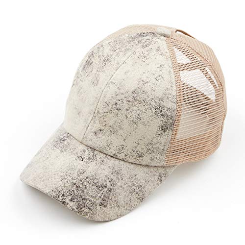 Funky Junque Funny Criss Cross Ponytail Hat for Women, Messy Bun Ball Cap, Distressed Baseball Cap - Faux Leather Snakeskin - Beige - Image 4