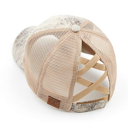 Funky Junque Funny Criss Cross Ponytail Hat for Women, Messy Bun Ball Cap, Distressed Baseball Cap - Faux Leather Snakeskin - Beige - Image 1