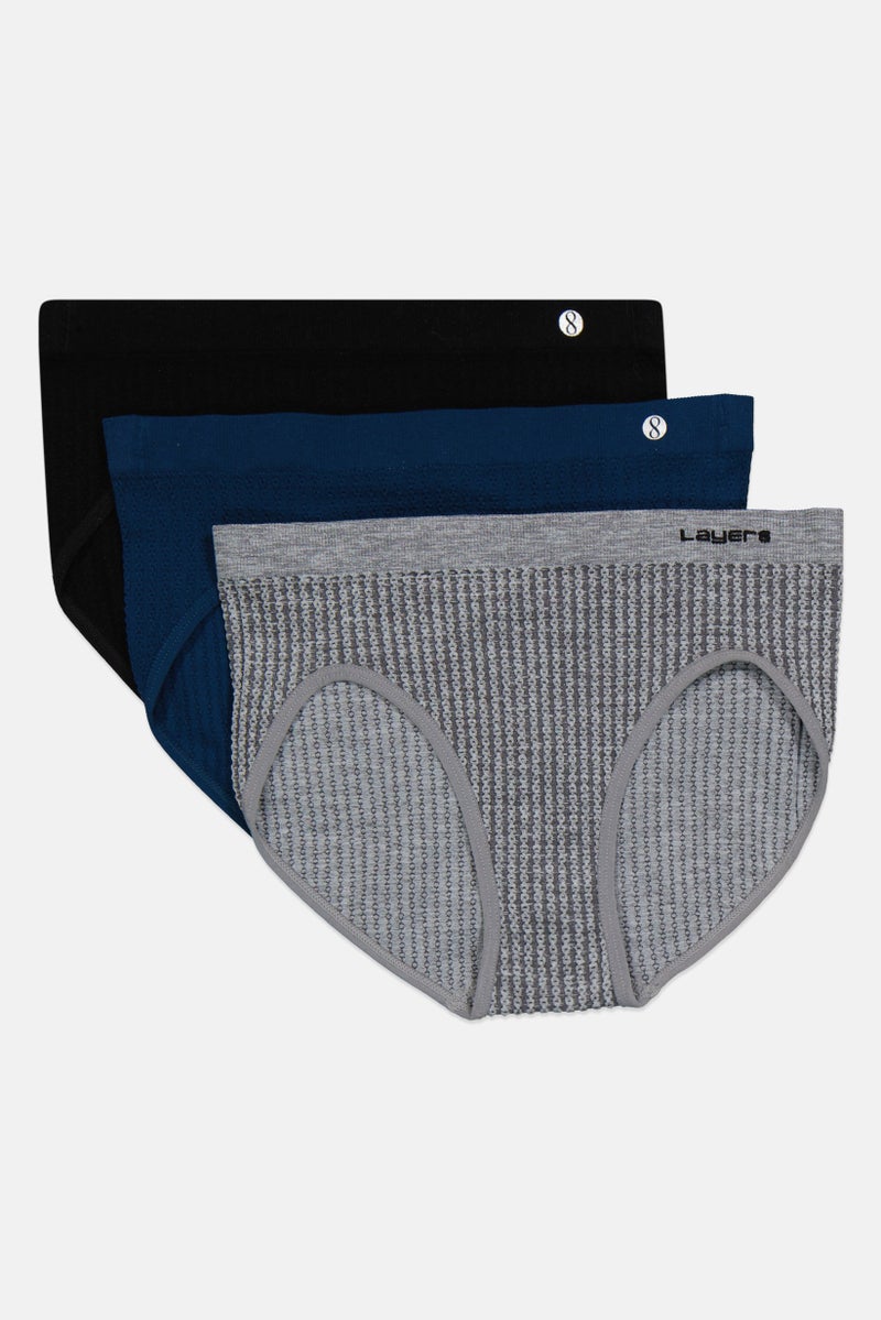 Layer 8 Women 3 Pieces Textured Pull On Seamless Briefs Set, Grey  - Image 3