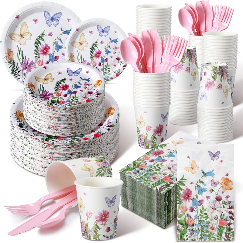 Sinmoe 400 Pcs Spring Plates and Napkins Set Paper Flower Dinnerware Disposable Party Supplies for 50 Guest Dinnerware Knife Fork Spoon for Spring Birthday Party (Popular Color,Wildflower) - Image 1