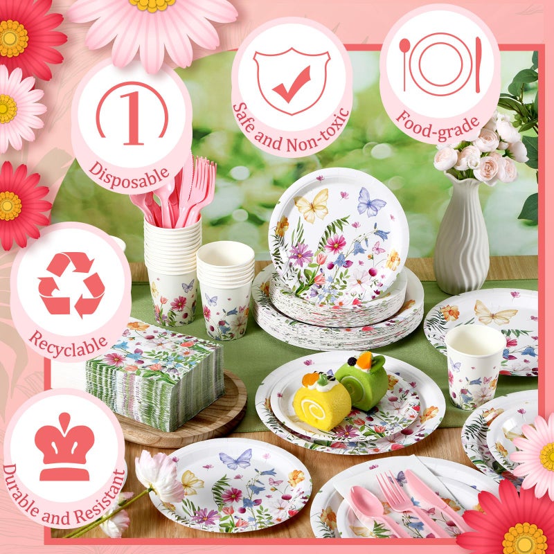 Sinmoe 400 Pcs Spring Plates and Napkins Set Paper Flower Dinnerware Disposable Party Supplies for 50 Guest Dinnerware Knife Fork Spoon for Spring Birthday Party (Popular Color,Wildflower) - Image 3