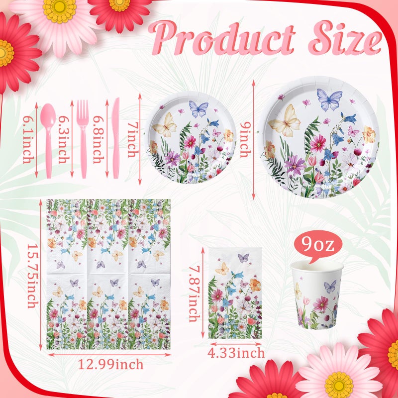 Sinmoe 400 Pcs Spring Plates and Napkins Set Paper Flower Dinnerware Disposable Party Supplies for 50 Guest Dinnerware Knife Fork Spoon for Spring Birthday Party (Popular Color,Wildflower) - Image 2