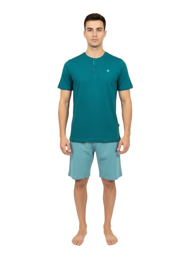Men Summer Pajama Set Plain Top & Striper Short