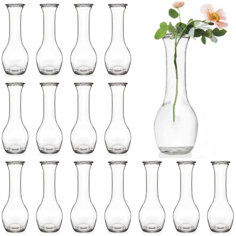 ZOOFOX Set of 16 Glass Bud Vase Small Vases for Single Rose Clear Glass Flower Bottle for Rustic Wedding Centerpieces Home Table Flower Decor Floral Arrangements
