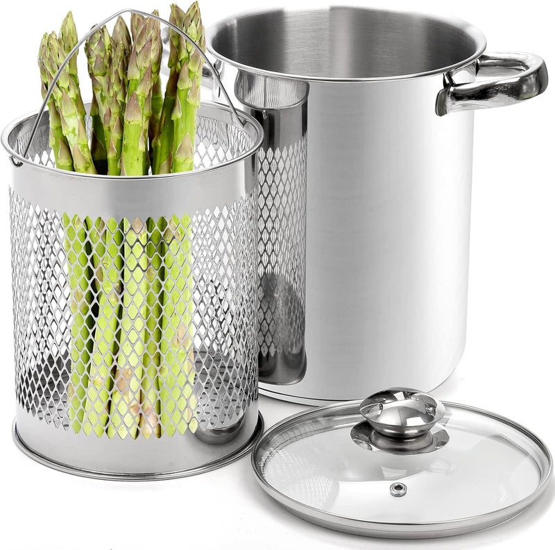 AVLA Asparagus Pot, 4 Quart Stainless Steel Steamer Cooker, Vegetable Asparagus Cooker with Removable Basket and Lid for Pasta, Spaghetti, Boiled Eggs, Shrimp, Oil Deep Fry Pan for French Fries - Image 4