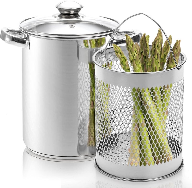 AVLA Asparagus Pot, 4 Quart Stainless Steel Steamer Cooker, Vegetable Asparagus Cooker with Removable Basket and Lid for Pasta, Spaghetti, Boiled Eggs, Shrimp, Oil Deep Fry Pan for French Fries - Image 1