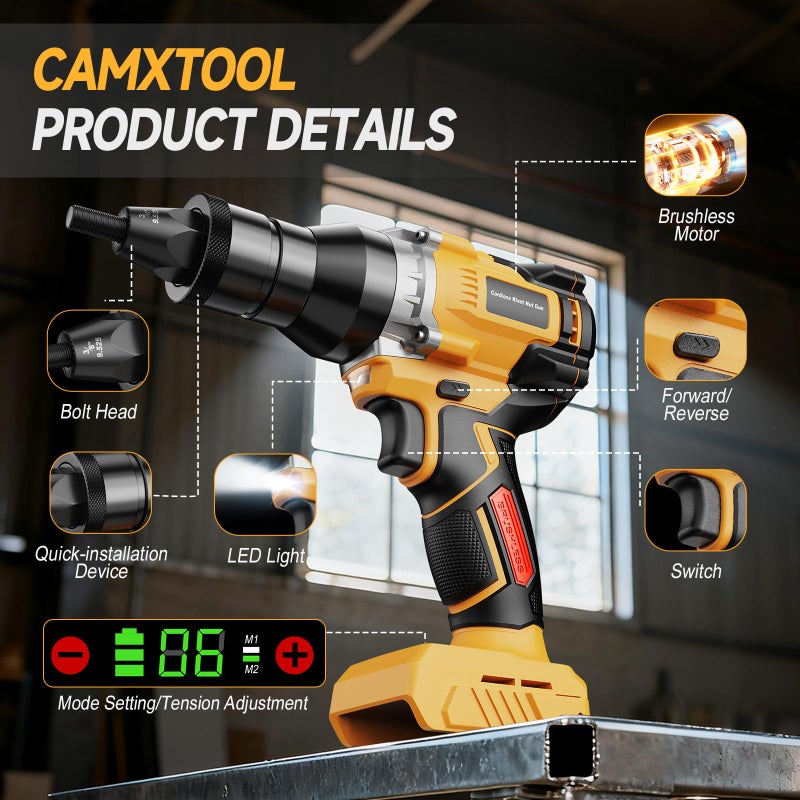 CAMXTOOL Cordless Rivet Nut Gun for Dewalt 20V Max Battery, Electric Rivet Nut Tool with 1/4", 5/16", 3/8" Nut Head, Portable Battery Powered Rivetnut Tool, Auto Mode & Memory Mode, Tool Only - Image 4