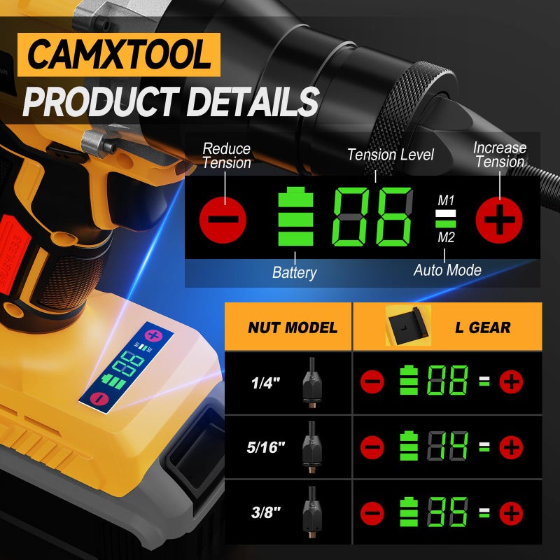 CAMXTOOL Cordless Rivet Nut Gun for Dewalt 20V Max Battery, Electric Rivet Nut Tool with 1/4", 5/16", 3/8" Nut Head, Portable Battery Powered Rivetnut Tool, Auto Mode & Memory Mode, Tool Only - Image 5