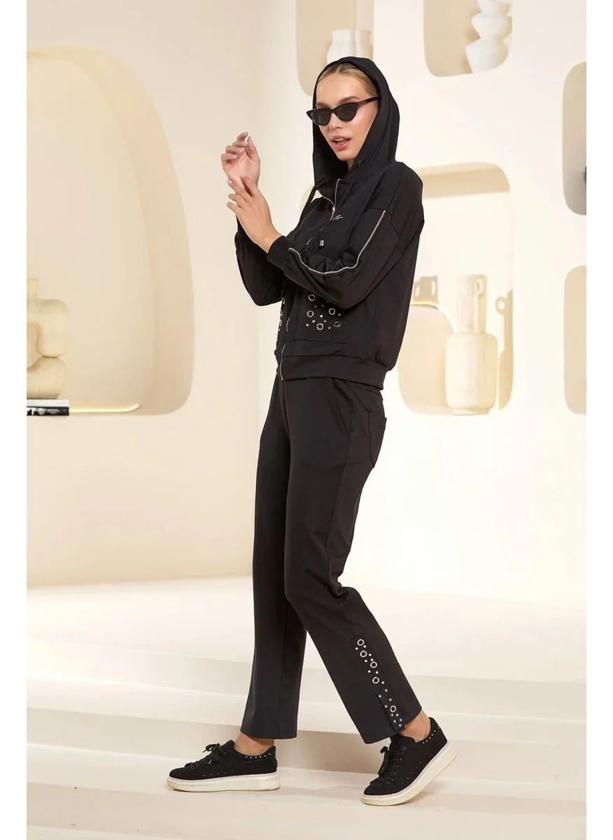 Cossy By Aqua 25201 Women's Long Sleeve Hooded Tracksuit-Black
