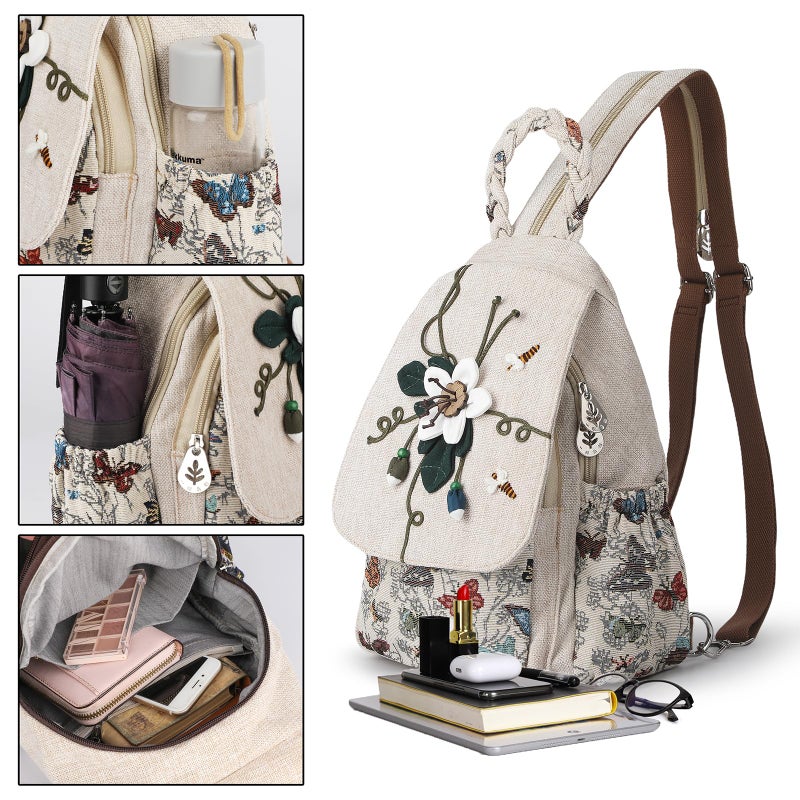 AULUDA Ladys Convertible Sling Bag, Hand Craft Artisan Purse, Girls Beautiful Canvas Premium Casual Day Mini Backpack for Women (Flower Bee) - Image 2