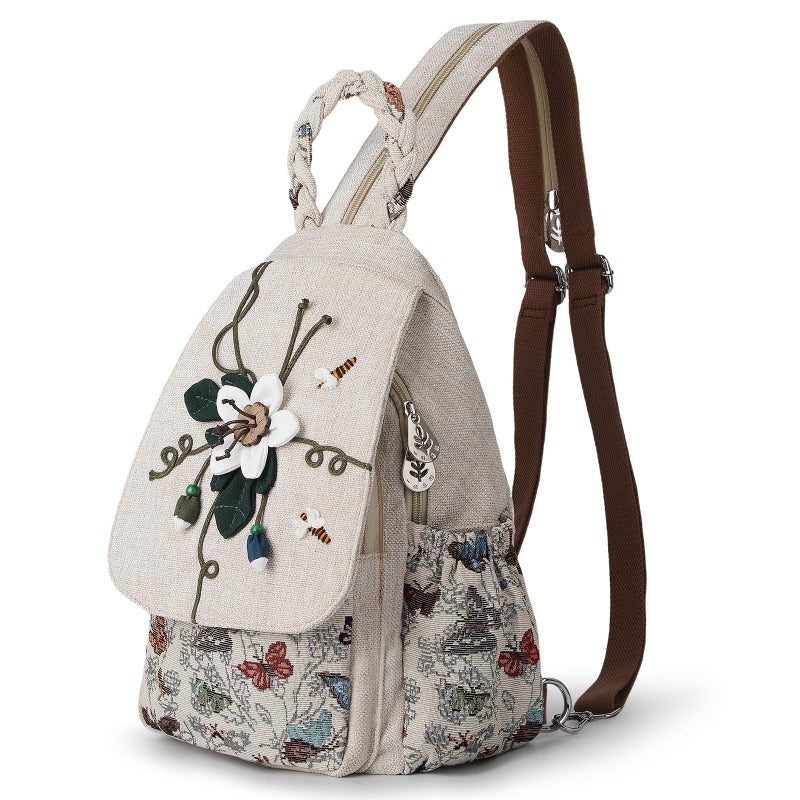 AULUDA Ladys Convertible Sling Bag, Hand Craft Artisan Purse, Girls Beautiful Canvas Premium Casual Day Mini Backpack for Women (Flower Bee) - Image 1