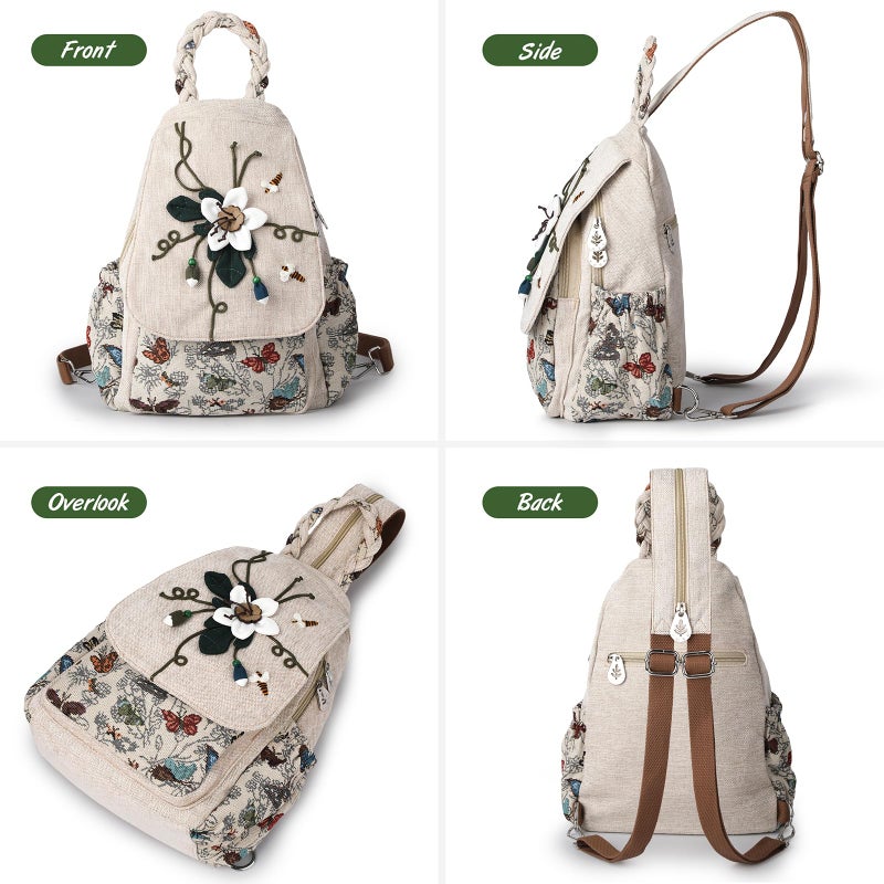 AULUDA Ladys Convertible Sling Bag, Hand Craft Artisan Purse, Girls Beautiful Canvas Premium Casual Day Mini Backpack for Women (Flower Bee) - Image 3