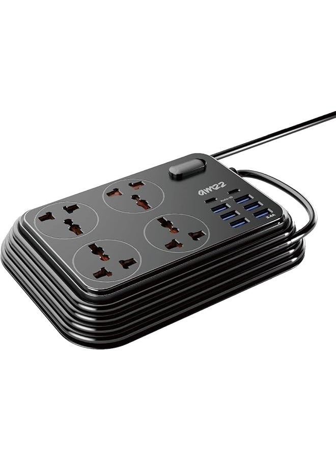 amzz Amzz 3.4A Extension Cord Surge Protector Power Strip, 4 UK-UAE Sockets, 2 Type C & 6 USB Ports - Heavy Duty 2m Cord, Ideal for Home & Office (Black)  - Image 1