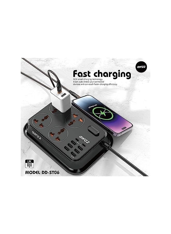 amzz Amzz 3.4A Extension Cord Surge Protector Power Strip, 4 UK-UAE Sockets, 2 Type C & 6 USB Ports - Heavy Duty 2m Cord, Ideal for Home & Office (Black)  - Image 2