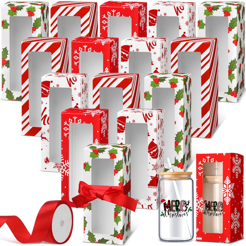 Honoson 24 Pcs Gift Boxes with Ribbon for Sublimation Glass Cup Tumbler Gift Box with Window for 12oz 16oz 20oz Drinking Glasses Jars Exhibition Display Sublimation Tumbler Classic Style - Image 2