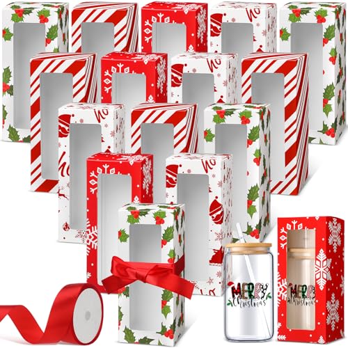 Honoson 24 Pcs Gift Boxes with Ribbon for Sublimation Glass Cup Tumbler Gift Box with Window for 12oz 16oz 20oz Drinking Glasses Jars Exhibition Display Sublimation Tumbler Classic Style - Image 1