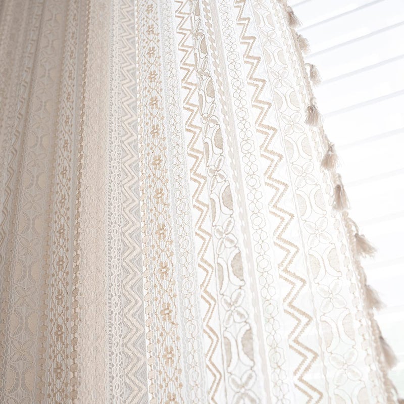Jooja 2 Panels Boho Windows Sheer Curtains Crochet Vintage Cotton Tassel Window Curtains Panels For Bedroom Living Room (Crochet Beige Waves 59X63) - Image 3