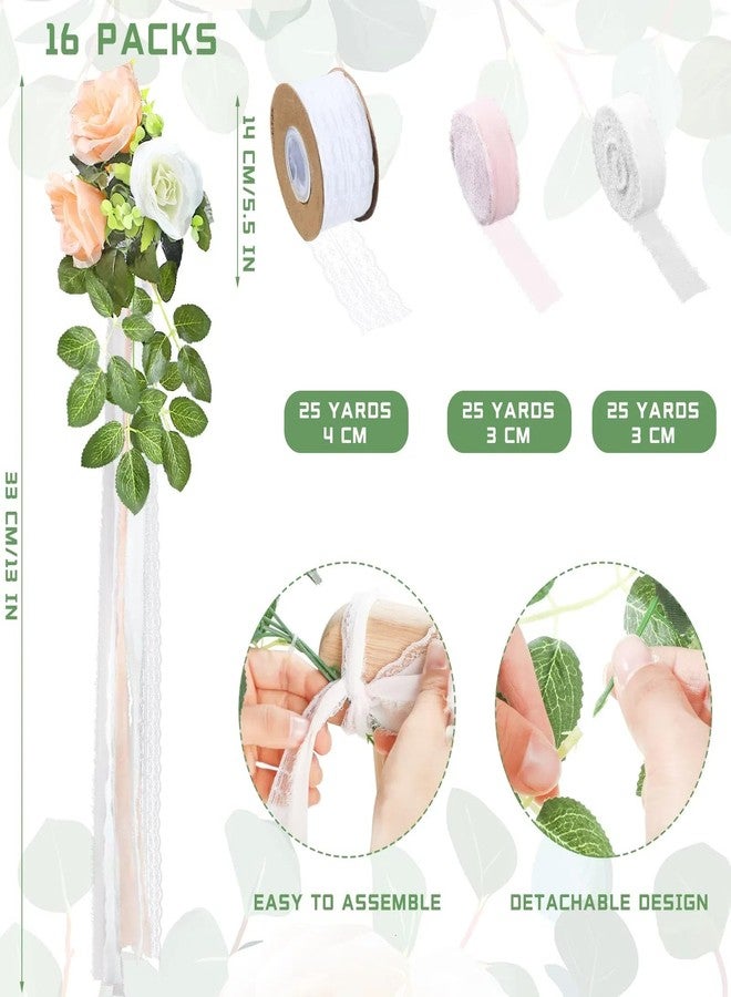 Giegxin 16 Pcs Wedding Aisle Decorations Pew Flower for Wedding Ceremony Aisle Chair Artificial Rose Chair Back Floral Decoration with Eucalyptus and Ribbons for Ceremony Church Party - Image 2