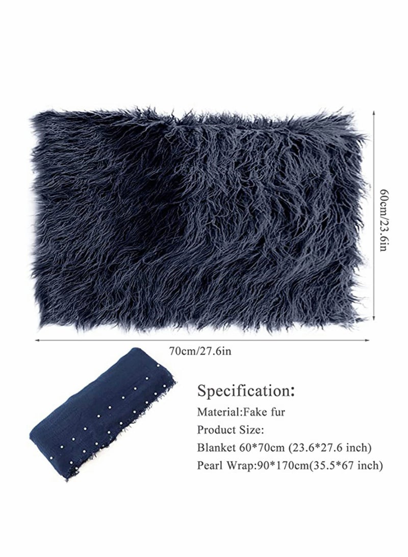 Y&D Newborn Photography Props Outfits 4 Pcs Baby Long Ripple Wrap and Toddler Swaddle Blankets Mat with Cute Headbands for Infant Boys Girls Photo Studio (Dark Blue) - Image 3
