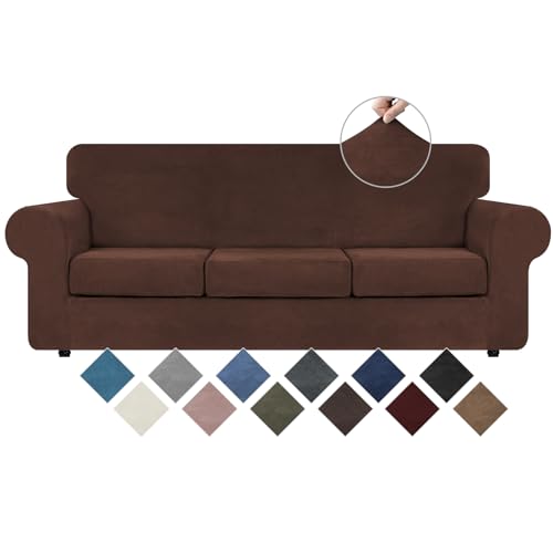 WEERRW 4 Pieces Velvet High Stretch Couch Covers for 3 Cushion Couch Sofa Slipcovers, Washable Furniture Protector with Non Slip Elastic Bottom, Feature Soft and Thick Plush Fabric, Chocolate, Large - Image 1