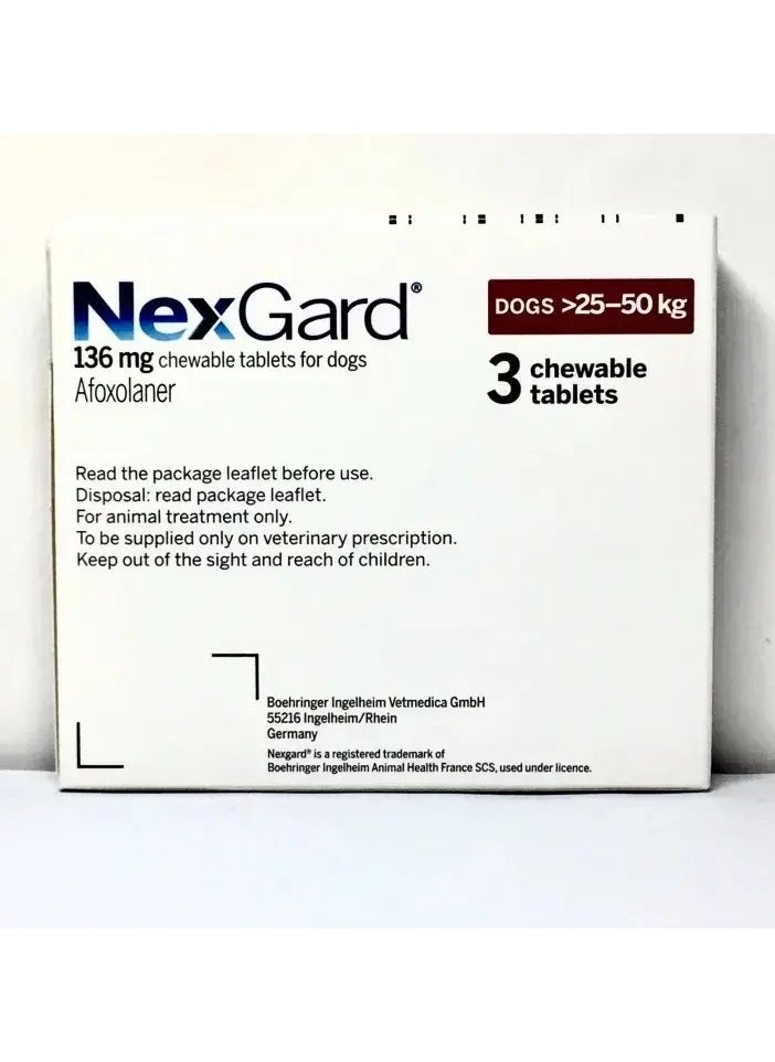 NexGard Chewable Tablet For Dogs 25 - 50 kg Flea and Tick Preventative 3 Tablets