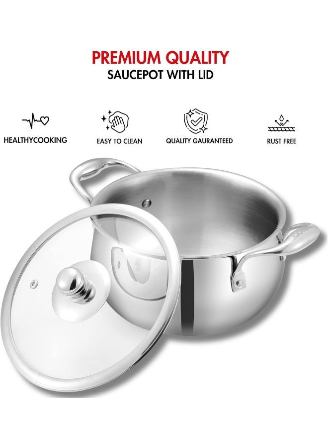 VINOD Belly Shape Platinum Triply Stainless Steel Saucepot - 1.7 Litre, 16cm | Glass Lid | Biryani Pot | Rivetted Handle | Induction & Gas Base - Image 2