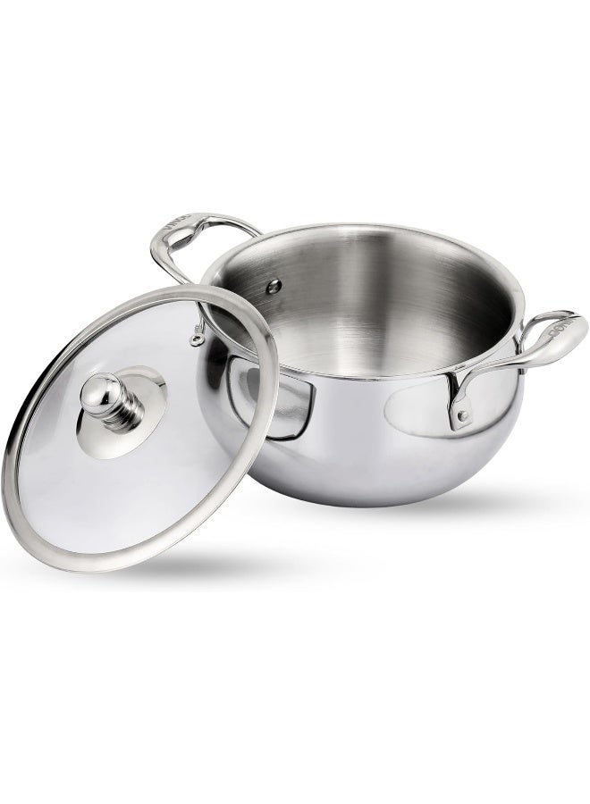 VINOD Belly Shape Platinum Triply Stainless Steel Saucepot - 1.7 Litre, 16cm | Glass Lid | Biryani Pot | Rivetted Handle | Induction & Gas Base - Image 1